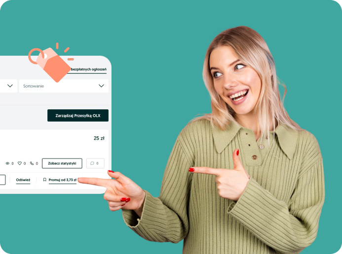 Uśmiechnięta kobieta wskazuje na opcje promowania.