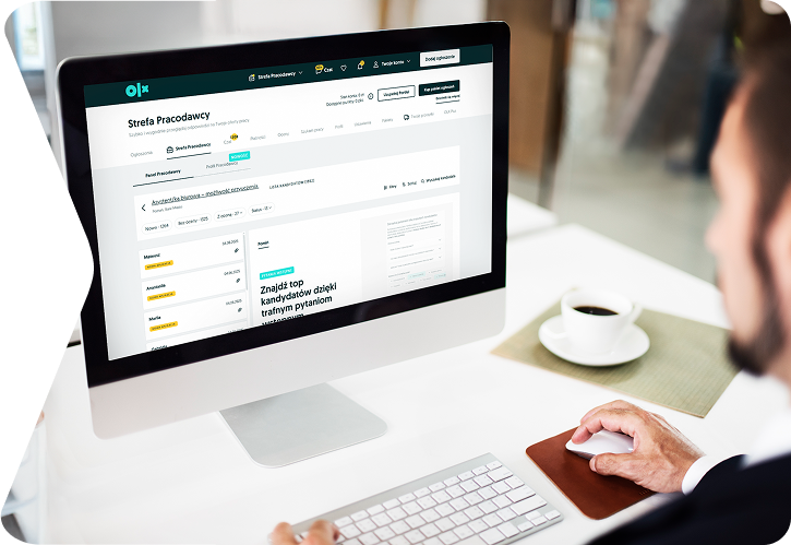 Strefa pracodawcy OLX pokazana na ekranie laptopa.